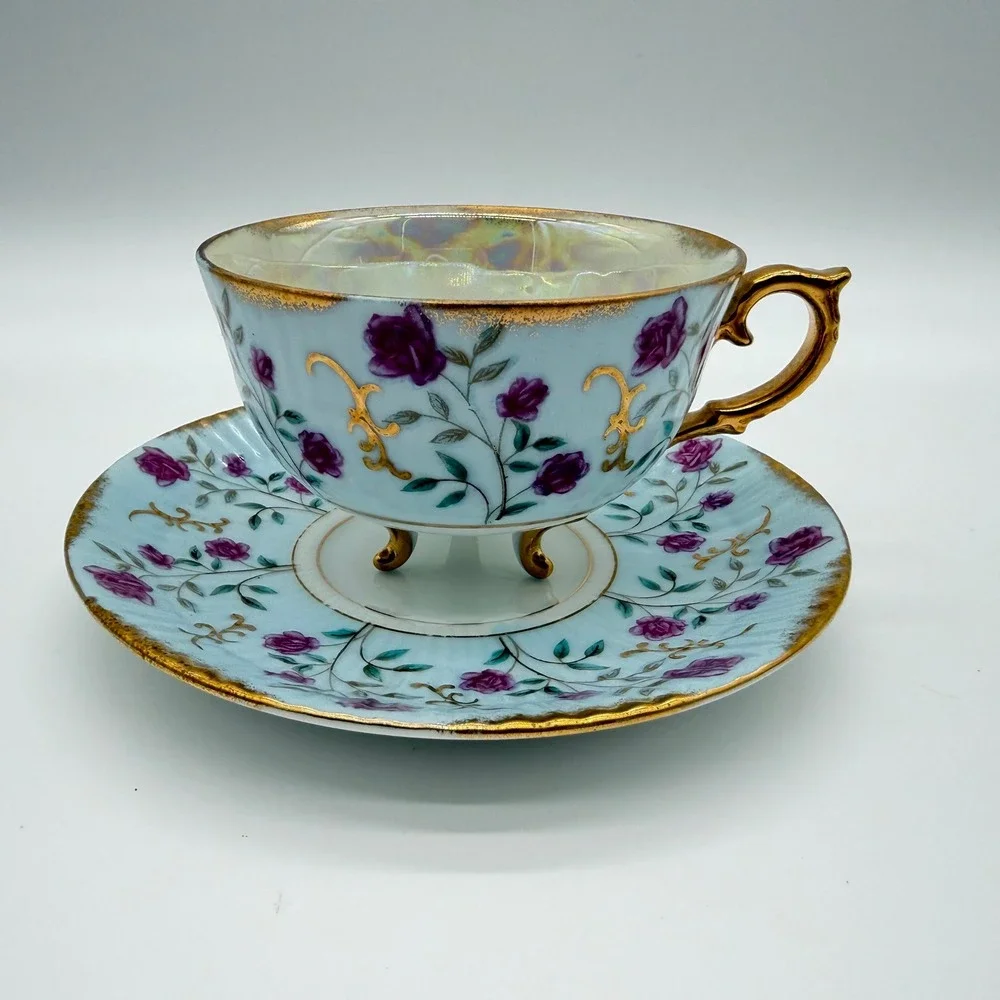 Vintage Japan Lusterware Tea Cup Saucer Set Purple Rose Gold Gilt Footed Blue